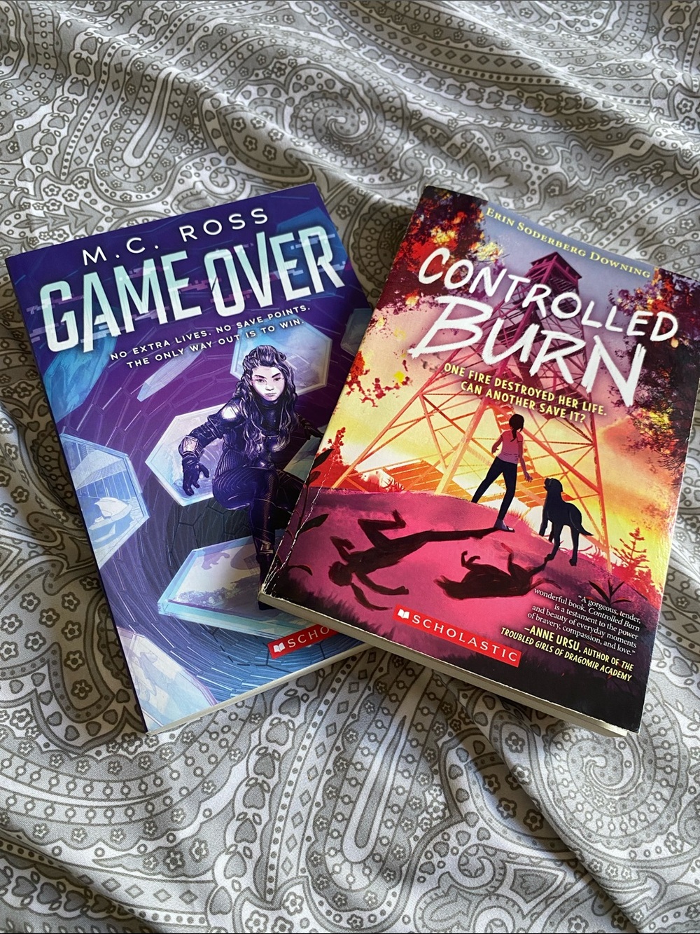Scholastic Game Over (blue) & Controlled Burn (pink-orange) Paperback Set